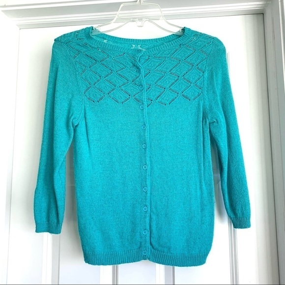 Forever 21 Light Teal Blue 3/4 Sleeve Round Neck Knit Sweater size Medium - Picture 4 of 7